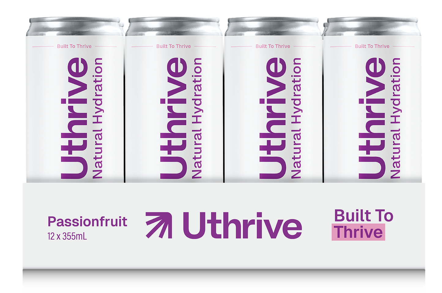 Four Uthrive natural hydration cans with a white background