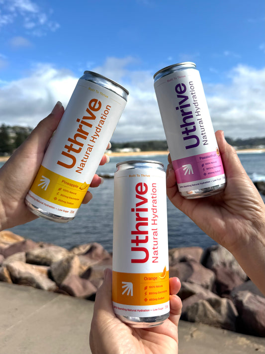 Mixed flavours of Uthrive natural hydration drink cans